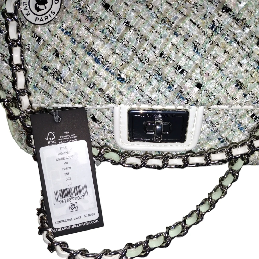 KARL LAGERFELD PARIS Agyness Tweed turnlock Shoulder Crossbody with dustbag NWT - Picture 3 of 6